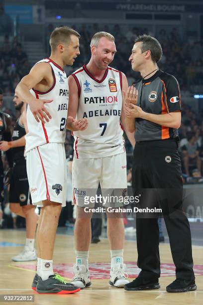 Brendan Teys of the Adelaide 36ers talks to the referee during game one of the NBL Grand Final series between Melbourne United and the Adelaide 36ers...