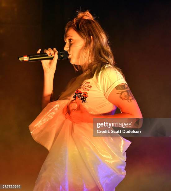 Singer Tove Lo performs onstage as a special guest during Charli XCX "Pop 2" performance at El Rey Theatre on March 15, 2018 in Los Angeles,...