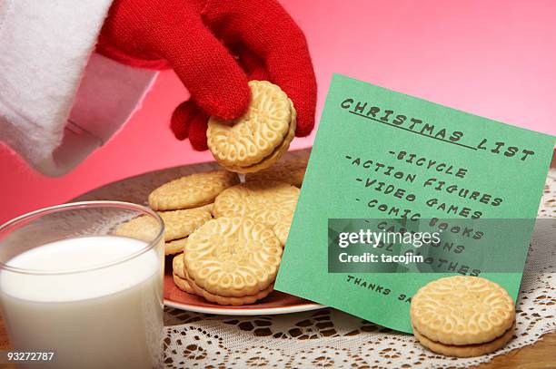 christmas eve cookes & milk with wishlist - milk letter stock pictures, royalty-free photos & images