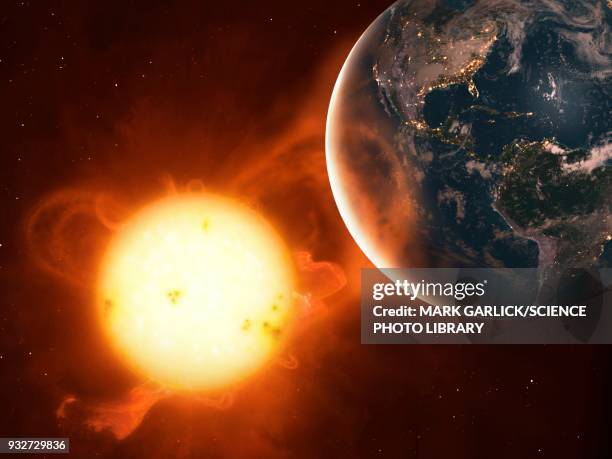 ilustrações de stock, clip art, desenhos animados e ícones de earth and coronal mass ejection, illustration - tempestade geomagnética