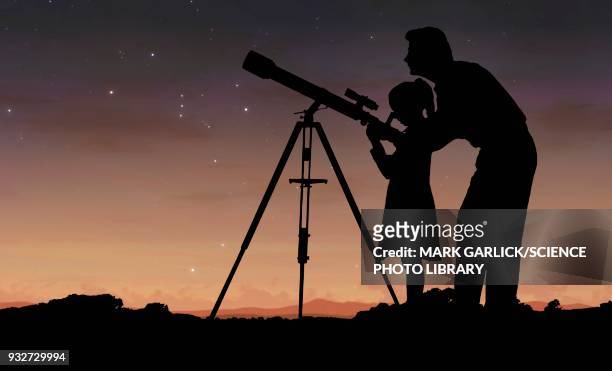 man and girl using telescope, illustration - mädchen stock-grafiken, -clipart, -cartoons und -symbole