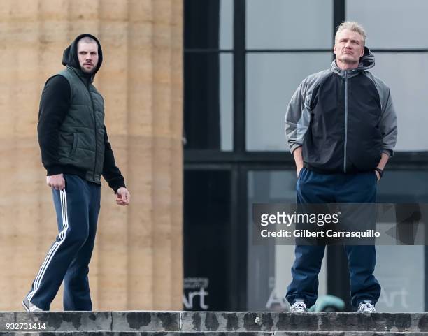 Actors Florian Munteanu and Dolph Lundgren are seen on set filming 'Creed II' at the Rocky Statue and the 'Rocky Steps' at The Philadelphia Museum of...