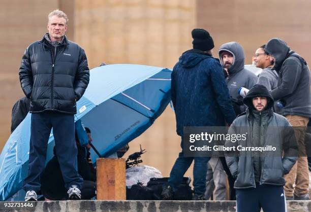 Actors Dolph Lundgren and Florian Munteanu are seen on set filming 'Creed II' at the Rocky Statue and the 'Rocky Steps' at The Philadelphia Museum of...