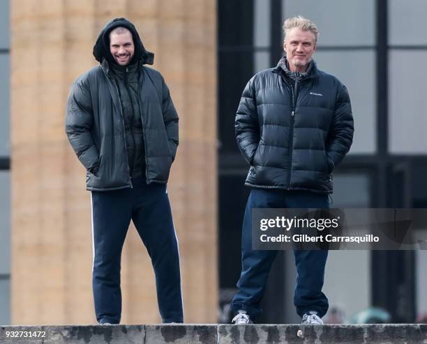 Actors Florian Munteanu and Dolph Lundgren are seen on set filming 'Creed II' at the Rocky Statue and the 'Rocky Steps' at The Philadelphia Museum of...