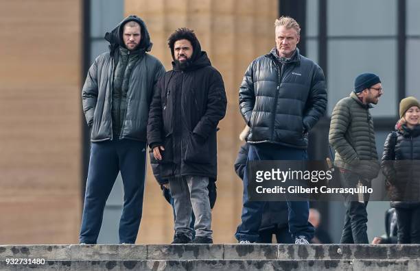Actor Florian Munteanu, director Steven Caple Jr. And actor Dolph Lundgren are seen on set filming 'Creed II' at the Rocky Statue and the 'Rocky...