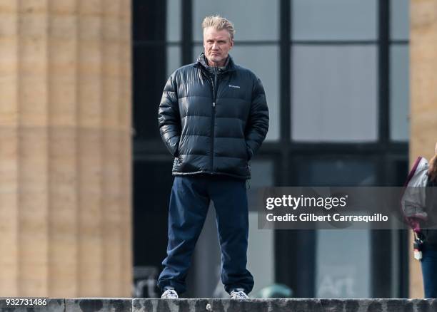 Actor Dolph Lundgren is seen on set filming 'Creed II' at the Rocky Statue and the 'Rocky Steps' at The Philadelphia Museum of Art on March 15, 2018...