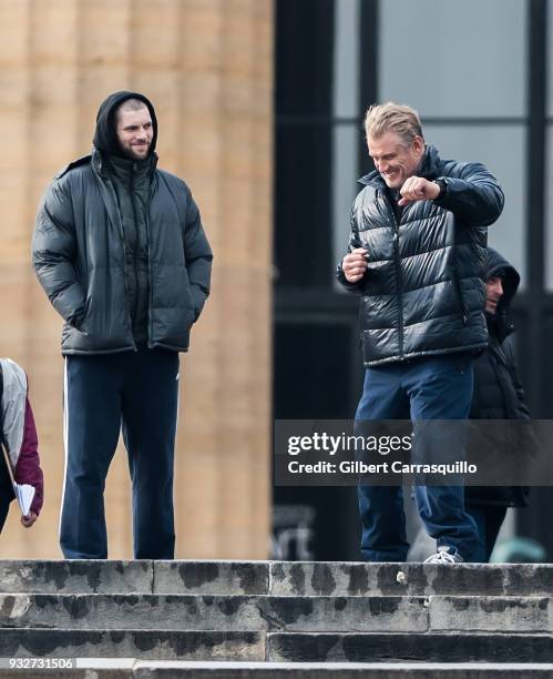 Actors Florian Munteanu and Dolph Lundgren are seen on set filming 'Creed II' at the Rocky Statue and the 'Rocky Steps' at The Philadelphia Museum of...