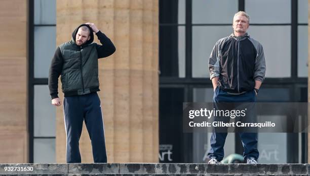 Actors Florian Munteanu and Dolph Lundgren are seen on set filming 'Creed II' at the Rocky Statue and the 'Rocky Steps' at The Philadelphia Museum of...