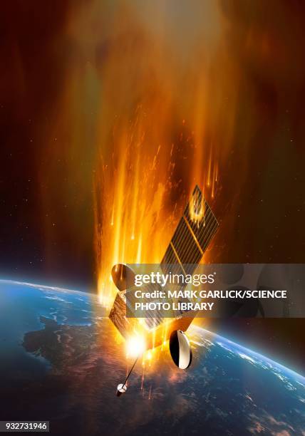 coronal mass ejection engulfing satellite, illustration - coronal mass ejection stock illustrations