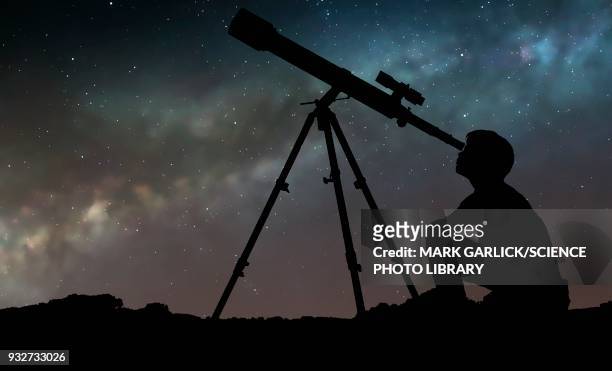 boy looking through telescope, illustration - camera tripod stock-grafiken, -clipart, -cartoons und -symbole