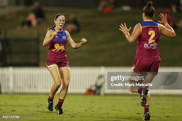 Sharni Webb of the Lions celebrates after kicking a goal during the round seven AFLW match between the Greater Western Sydney Giants and the Brisbane...