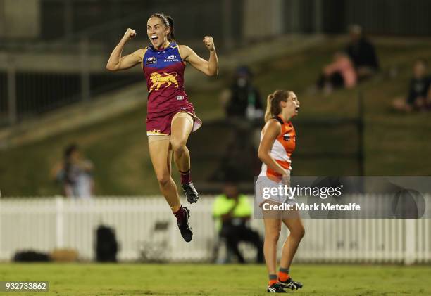 Sharni Webb of the Lions celebrates after kicking a goal during the round seven AFLW match between the Greater Western Sydney Giants and the Brisbane...