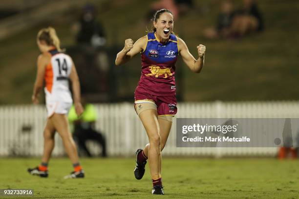 Sharni Webb of the Lions celebrates after kicking a goal during the round seven AFLW match between the Greater Western Sydney Giants and the Brisbane...