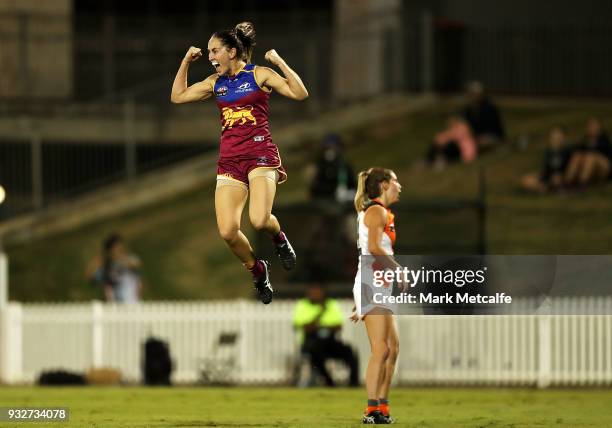 Sharni Webb of the Lions celebrates after kicking a goal during the round seven AFLW match between the Greater Western Sydney Giants and the Brisbane...