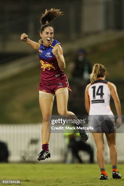 Sharni Webb of the Lions celebrates after kicking a goal during the round seven AFLW match between the Greater Western Sydney Giants and the Brisbane...