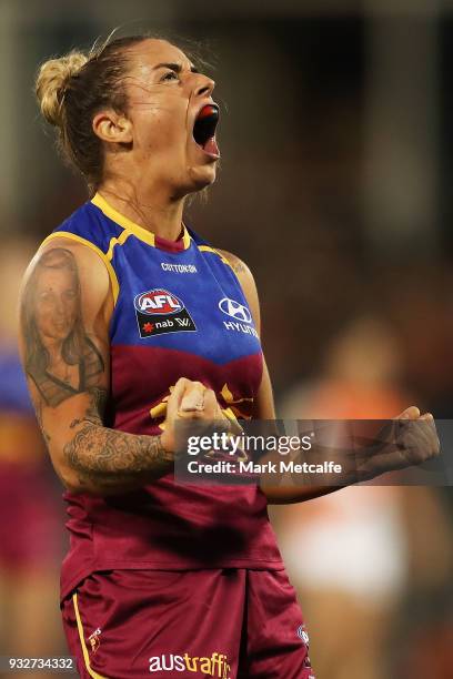 Brittany Gibson of the Lions celebrates scoring a goal during the round seven AFLW match between the Greater Western Sydney Giants and the Brisbane...