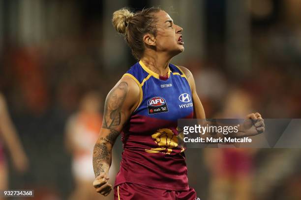 Brittany Gibson of the Lions celebrates scoring a goal during the round seven AFLW match between the Greater Western Sydney Giants and the Brisbane...