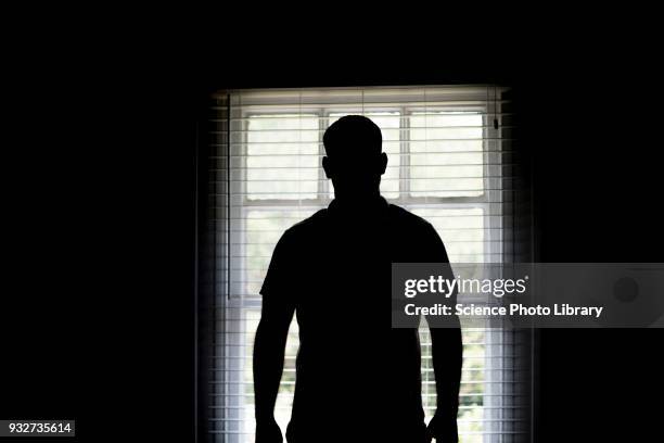 silhouette of a man by a window - silhouet man stockfoto's en -beelden