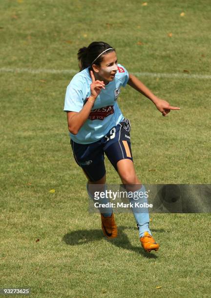 Leena Khamis of Sydney FC celebrates after scoring a goal during the round eight W-League match between Sydney FC and Perth Glory at Leichhardt Oval...