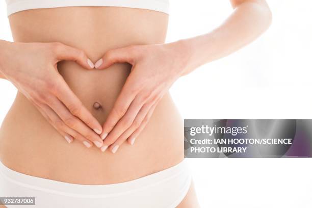 woman with hands in heart shape on tummy - darmen stockfoto's en -beelden