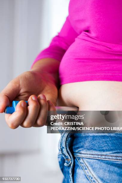 woman injecting herself in the abdomen - injecting stomach stock pictures, royalty-free photos & images