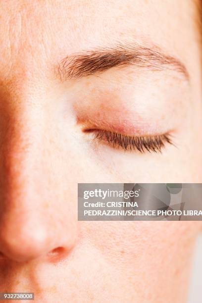 close-up of womans closed eye - woman eyes closed stock pictures, royalty-free photos & images