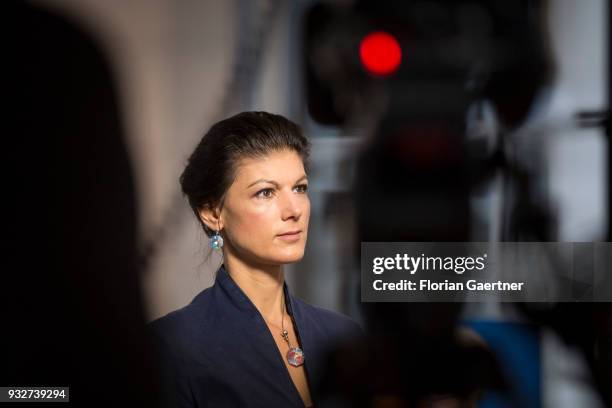 Parliamentary group co-leader of Die Linke party Sahra Wagenknecht is pictured during an interview on March 13, 2018 in Berlin, Germany.