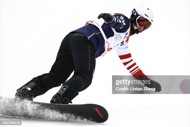 Evan Strong of the United States competes in the Men's Banked Slalom SB-UL Run 3 during day seven of the PyeongChang 2018 Paralympic Games on March...