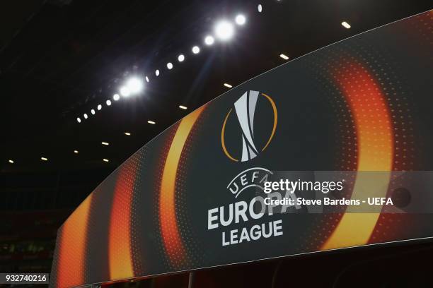 Europa League branding inside the Emirates stadium prior to the UEFA Europa League Round of 16, second leg match between Arsenal and AC Milan at...