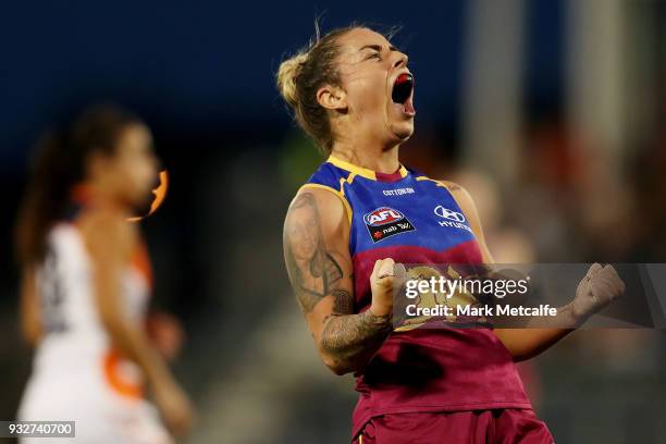 Brittany Gibson of the Lions celebrates scoring a goal during the round seven AFLW match between the Greater Western Sydney Giants and the Brisbane...