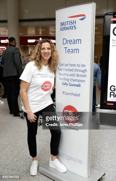 British athlete Sally Gunnell helps to raise money for Sport Relief at Gatwick Airport on March 16, 2018 in London, England. British Airways created...
