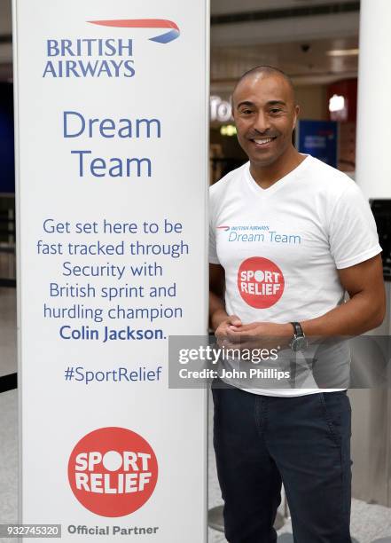 British athlete Colin Jackson helps to raise money for Sport Relief at Gatwick Airport on March 16, 2018 in London, England. British Airways created...