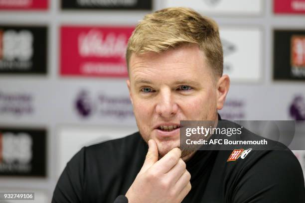 Bournemouth manager Eddie Howe during press conference at Vitality Stadium on March 16, 2018 in Bournemouth, England.