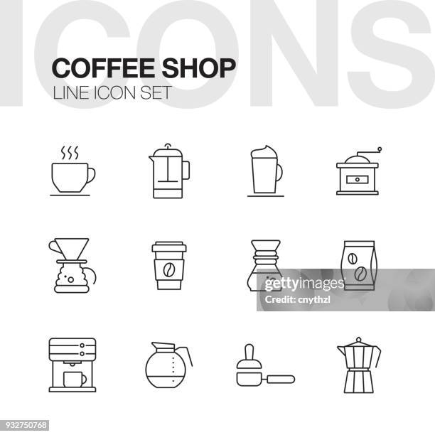 ilustraciones, imágenes clip art, dibujos animados e iconos de stock de conjunto de iconos de línea cafetería - cafetera exprés