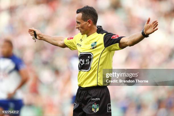 Referee, Gerard Sutton gestures during the round two NRL match between the Sydney Roosters and the Canterbury Bulldogs at Allianz Stadium on March...