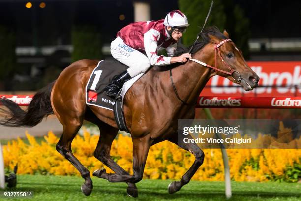 Jamie Mott riding Cliffs Edge wins Race 7, Alister Clark Stakes during Melbourne Racing at Moonee Valley Racecourse on March 16, 2018 in Melbourne,...