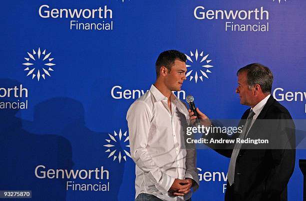 Martin Kaymer of Germany talks with Ewen Murray of Sky Sports at the Genworth Financial Statistics Awards after the second round of the Dubai World...