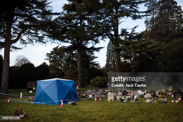 Forensics tent sits over the grave of former Russian double agent Sergei Skripal's son Alexander in London Road cemetery on March 16, 2018 in...