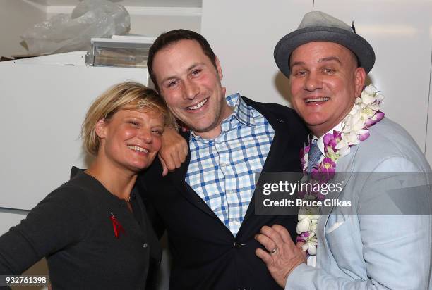 Martha Plimpton, Mike Carlsen, Mike O'Malley pose backstage on the Opening Night of The Jimmy Buffett Musical "Escape To Margaritaville" on Broadway...