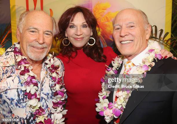 Jimmy Buffett, Marilu Henner and Frank Marshall pose at the Opening Night of The Jimmy Buffett Musical "Escape To Margaritaville" on Broadway at The...