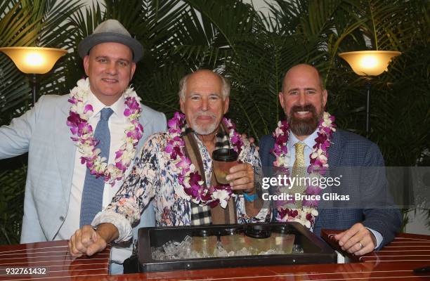 Mike O'Malley, Jimmy Buffett and Greg Garcia pose backstage on the Opening Night of The Jimmy Buffett Musical "Escape To Margaritaville" on Broadway...