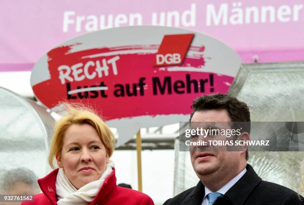 The new German Labour Minister Hubertus Heil and German Family Minister Franziska Giffey attend a demonstration for the so-called Equal Pay Day in...