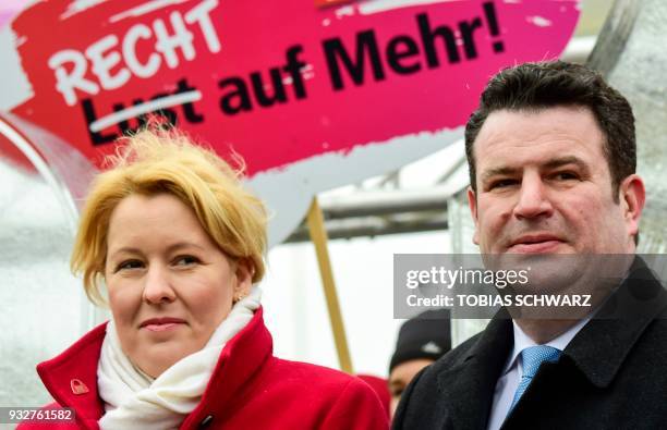 The new German Labour Minister Hubertus Heil and German Family Minister Franziska Giffey attend a demonstration for the so-called Equal Pay Day in...