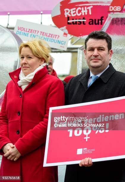 The new German Labour Minister Hubertus Heil and German Family Minister Franziska Giffey attend a demonstration for the so-called Equal Pay Day in...