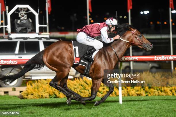 Cliff's Edge ridden by Jamie Mott wins the Hacer Group Alister Clark Stakes at Moonee Valley Racecourse on March 16, 2018 in Moonee Ponds, Australia.