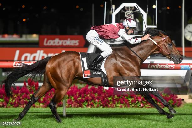 Cliff's Edge ridden by Jamie Mott wins the Hacer Group Alister Clark Stakes at Moonee Valley Racecourse on March 16, 2018 in Moonee Ponds, Australia.