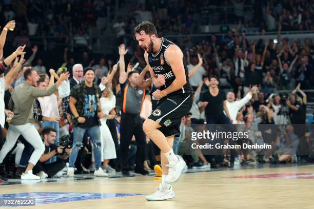 Peter Hooley of Melbourne United celebrates a point during game one of the NBL Grand Final series between Melbourne United and the Adelaide 36ers at...