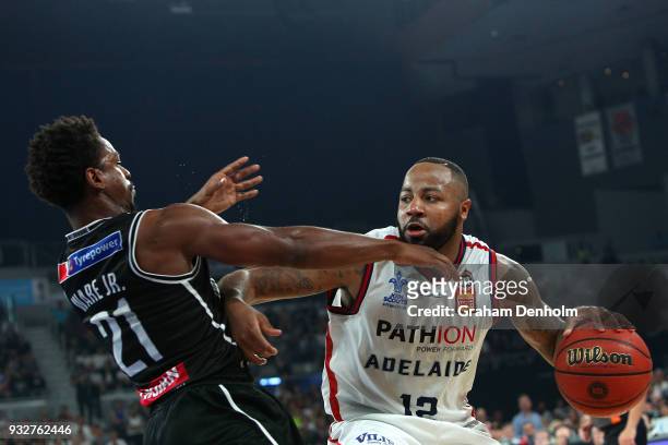 Shannon Shorter of the Adelaide 36ers drives at the basket during game one of the NBL Grand Final series between Melbourne United and the Adelaide...