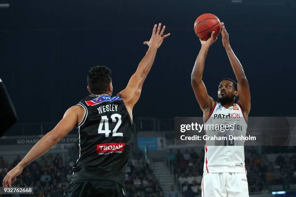 Ramone Moore of the Adelaide 36ers shoots during game one of the NBL Grand Final series between Melbourne United and the Adelaide 36ers at Hisense...