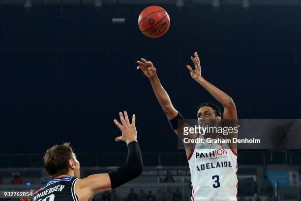 Josh Childress of the Adelaide 36ers shoots during game one of the NBL Grand Final series between Melbourne United and the Adelaide 36ers at Hisense...
